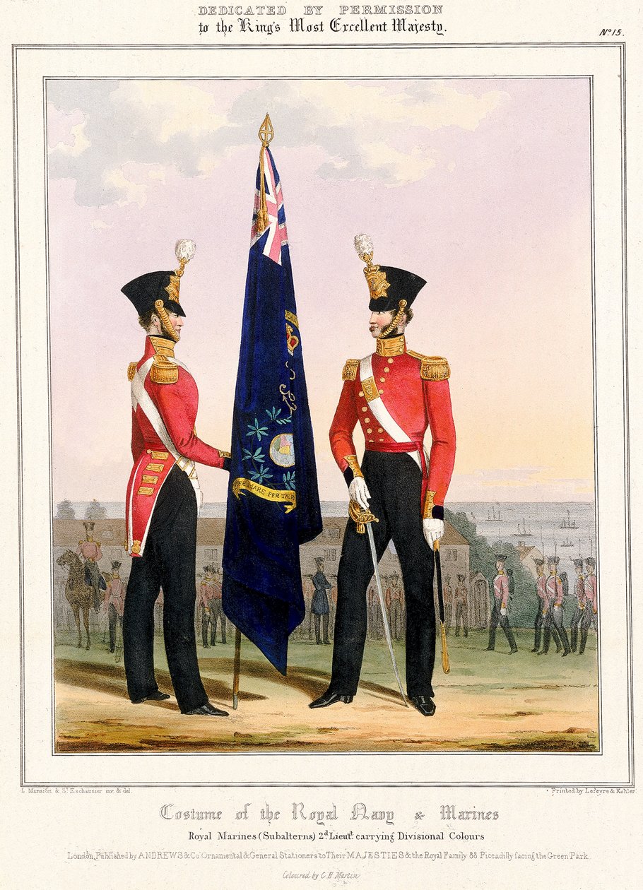 Traje da Marinha Real e dos Fuzileiros Navais. Fuzileiros Reais (Subalternos) 2d. Tenente, c.1832 (litografia colorida) de L. and Eschauzier St. Mansion