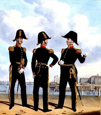 Mestre da Frota e Médicos, placa 13 de "Traje da Marinha Real e Fuzileiros", gravada pelos artistas, c.1830-37 (cor litho) de L. and Eschauzier St. Mansion
