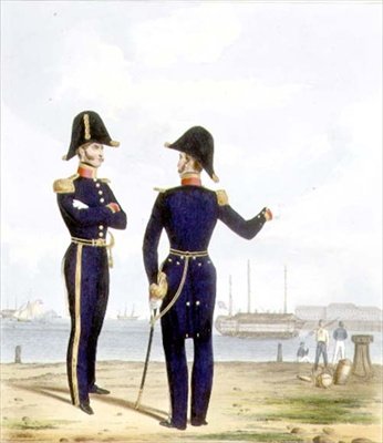 Masters, placa 10 de "Traje da Marinha Real e Fuzileiros", gravado pelos artistas, c.1830-37 (cor litho) de L. and Eschauzier St. Mansion