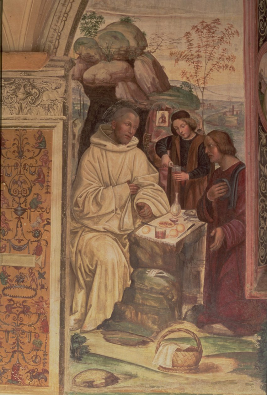 São Bento contra uma paisagem, da vida de São Bento (detalhe) de L. and Sodoma, G. Signorelli