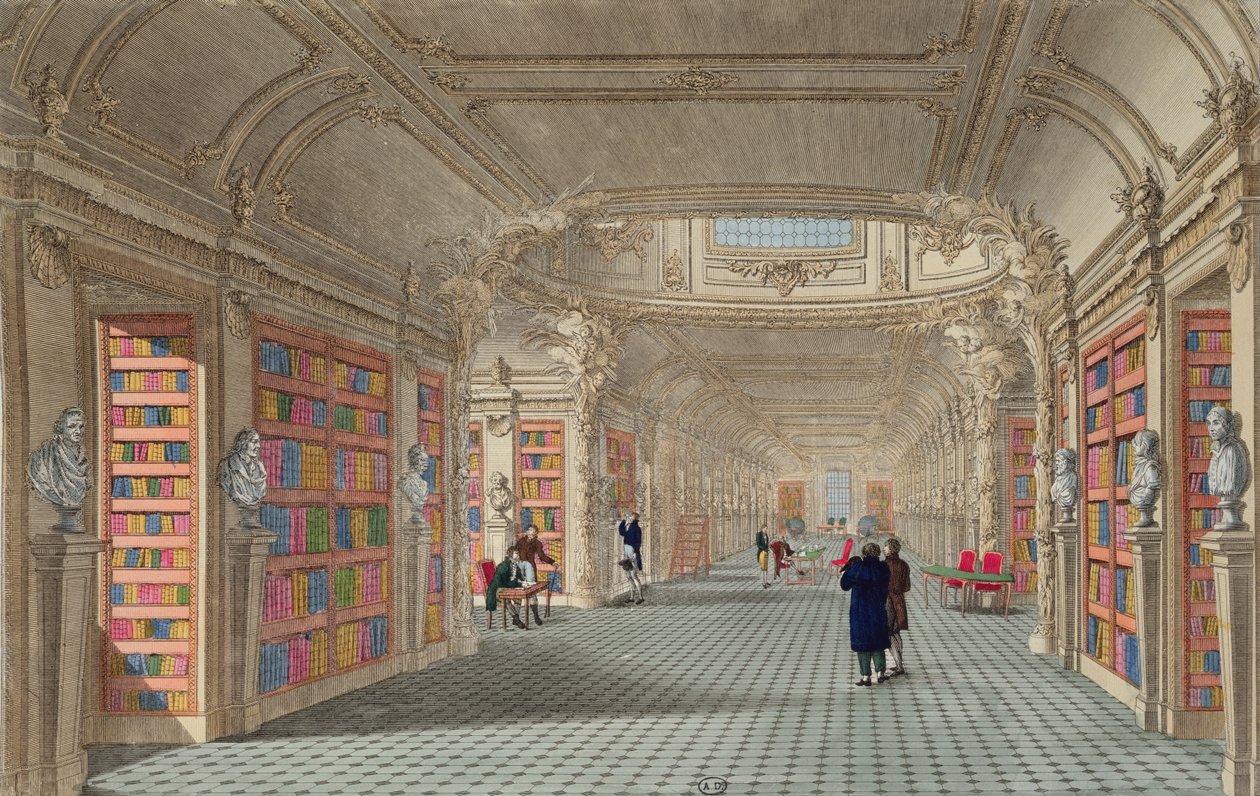 Bibliotheque du Pantheon, c.1800 (gravura a cores) de La Gardette