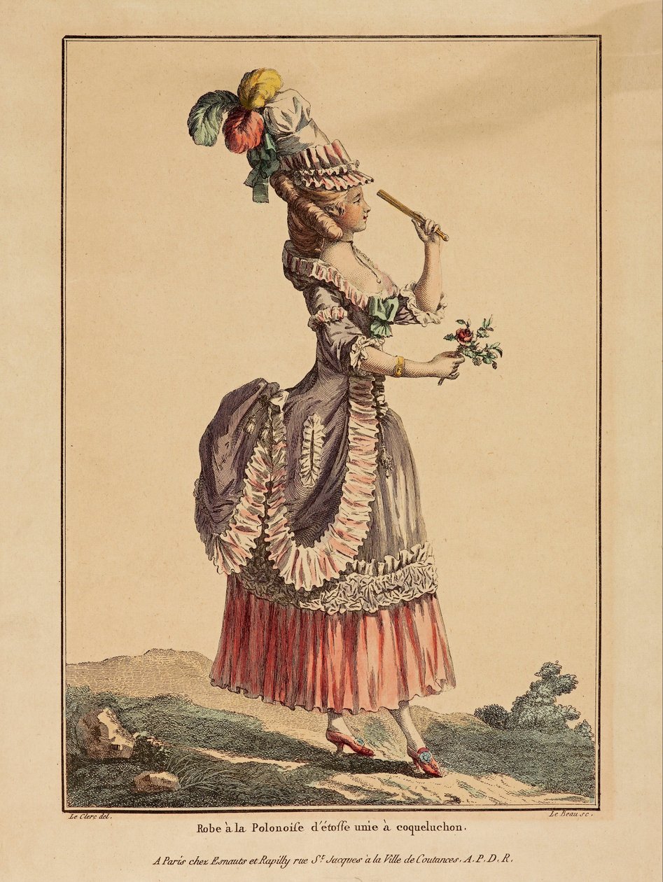 A Galeria dos Modos; O Escriturário; Dupin - imprimir; gravura colorida - Vestido poloniose de tecido liso com capuz de papoula de La Gallerie des Modes, Le Clerc, Dupin