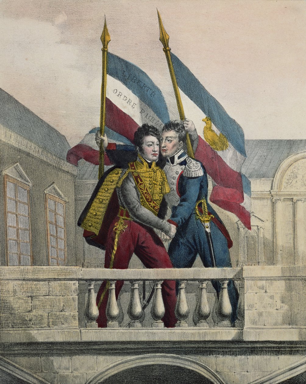 O duque de Orleans abraçar o general La Fayette e elevar as cores nacionais no terraço do Palais-Royal, 30 de julho de 1830 de Labastide