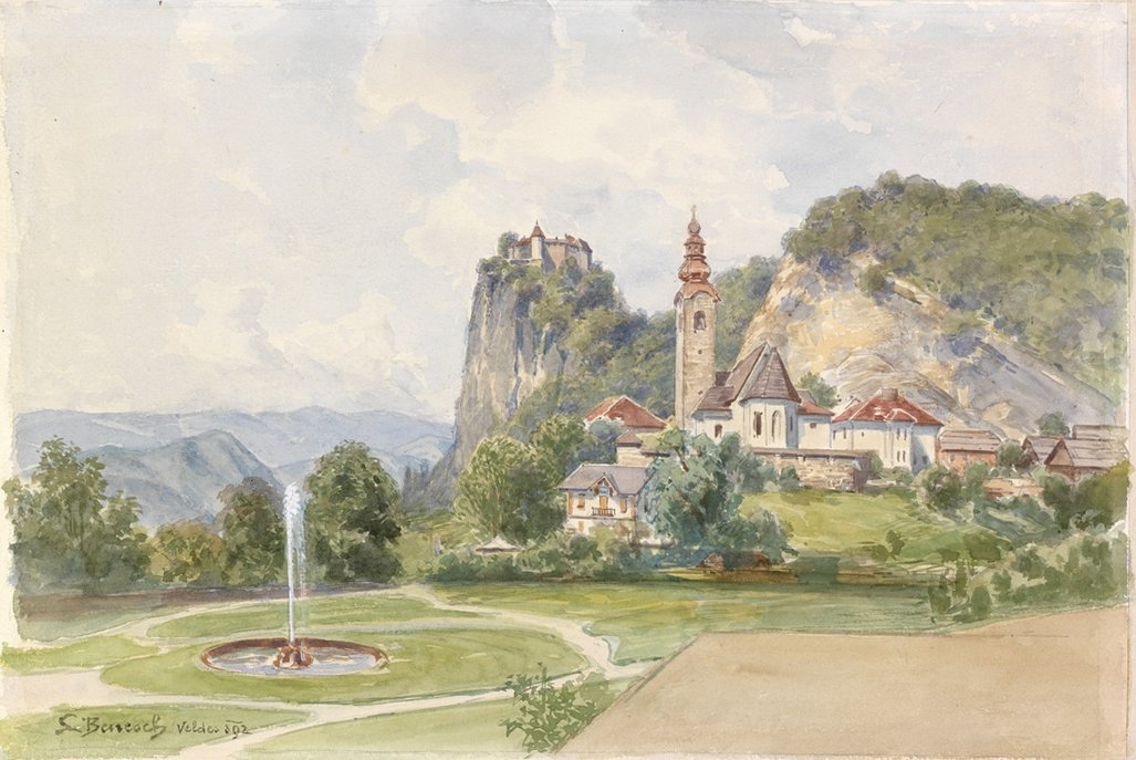Igreja Paroquial Bled com um castelo ao fundo de Ladislav Benesch