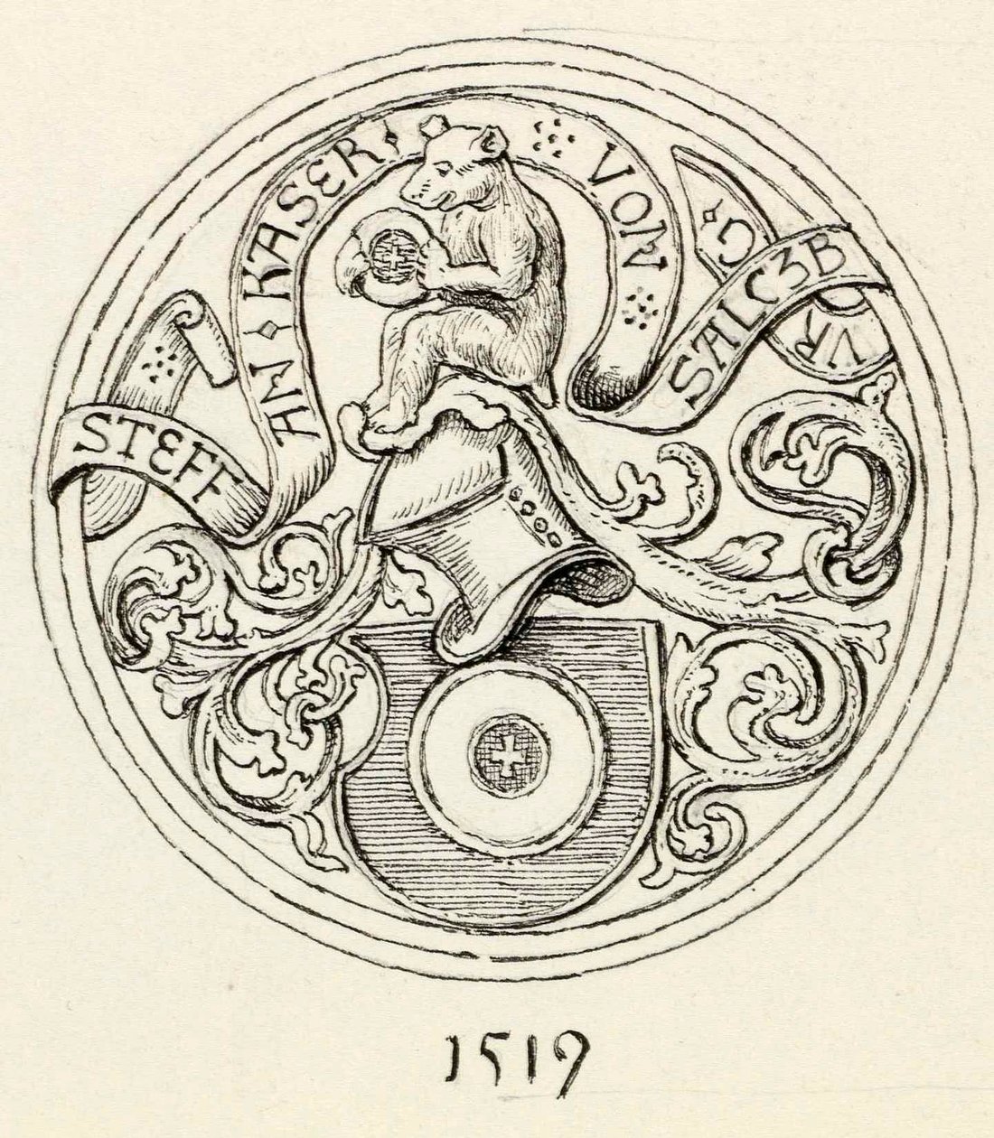 O brasão de armas do navio com o ano de 1519 da igreja em Kranjska Gora de Ladislav Benesch