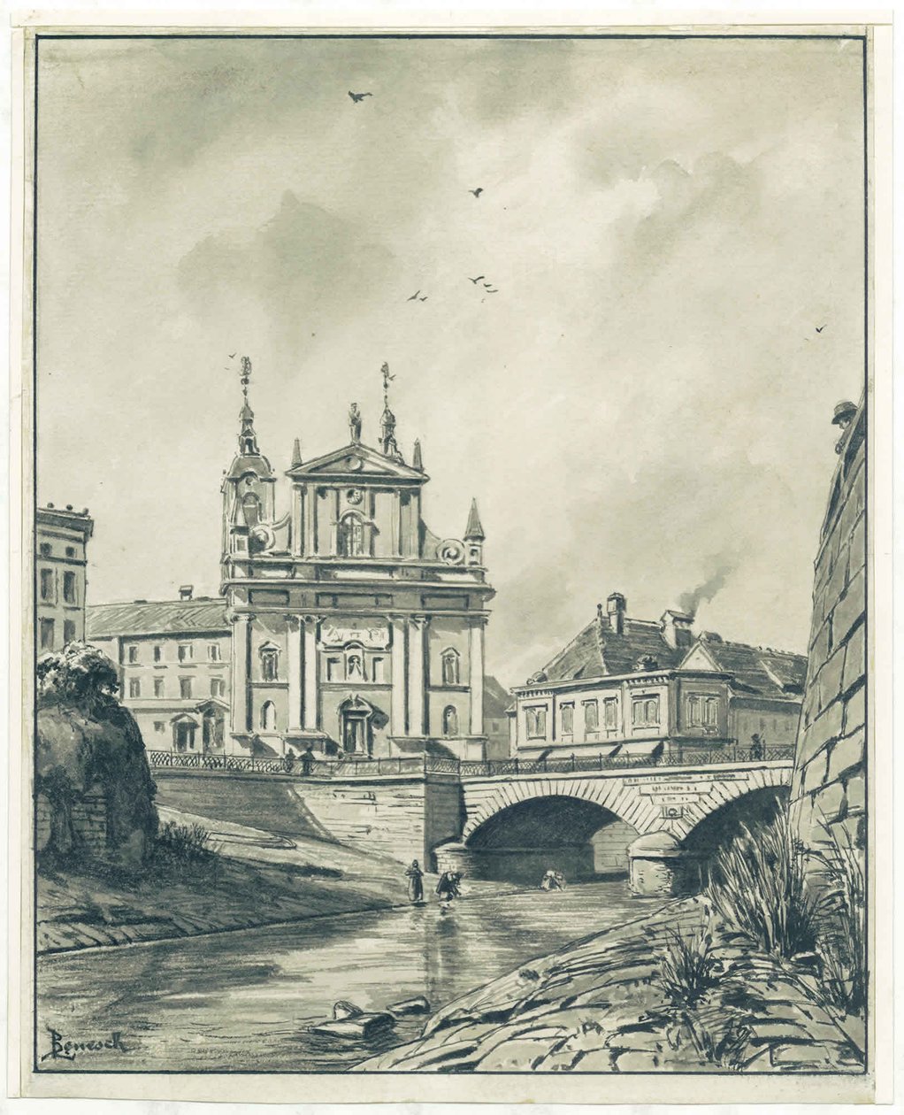 Vista, de, Ljubljanica, franc, ponte, e, franciscan, igreja, em, ljubljana de Ladislav Benesch