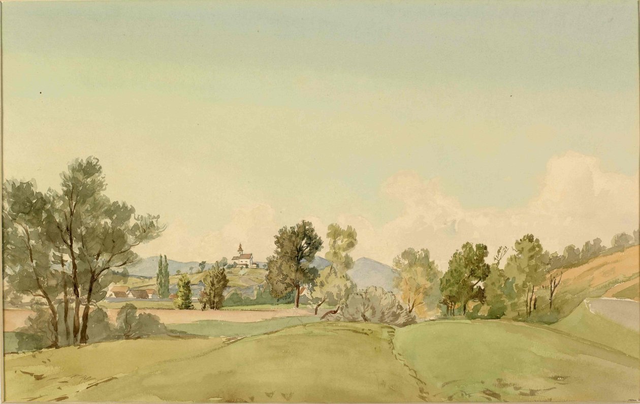 Vista de Vrhnika e Igreja da Santíssima Trindade de Ladislav Benesch