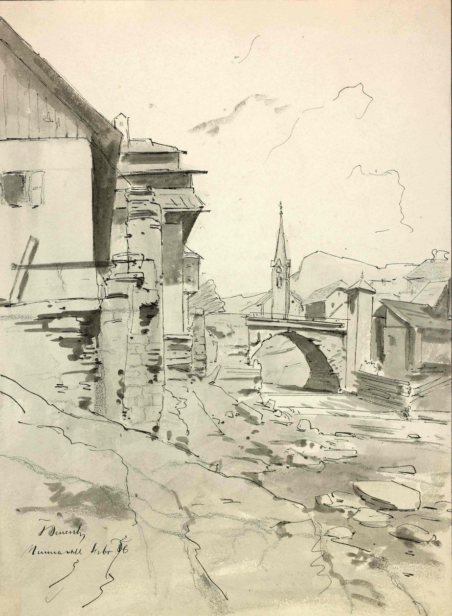Trzic, um motivo com uma ponte e uma igreja ao fundo de Ladislav Benesch