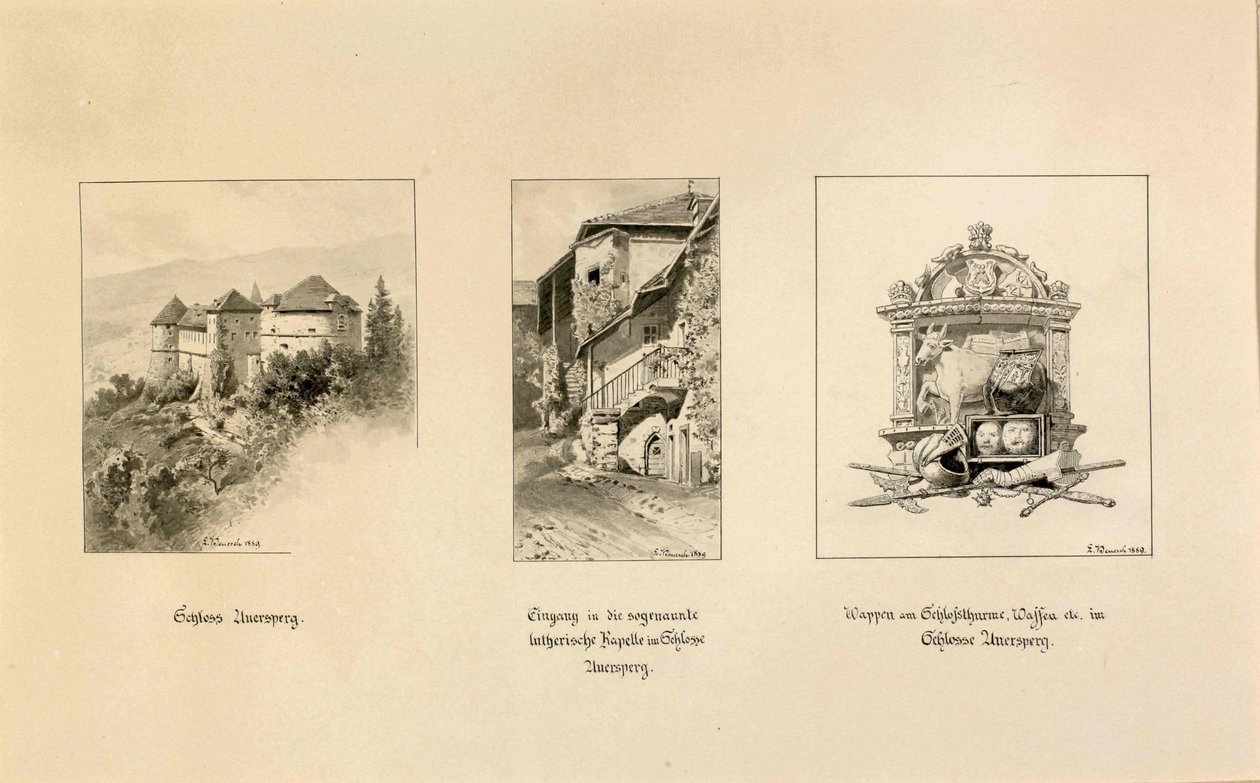 Turjak: Vista do castelo de Turjak; Entrada para a capela luterana; Turjaski hrbn de Ladislav Benesch