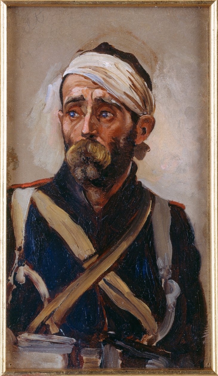 Estudo de um guarda ferido, Crimeia, c.1874 de Lady Butler