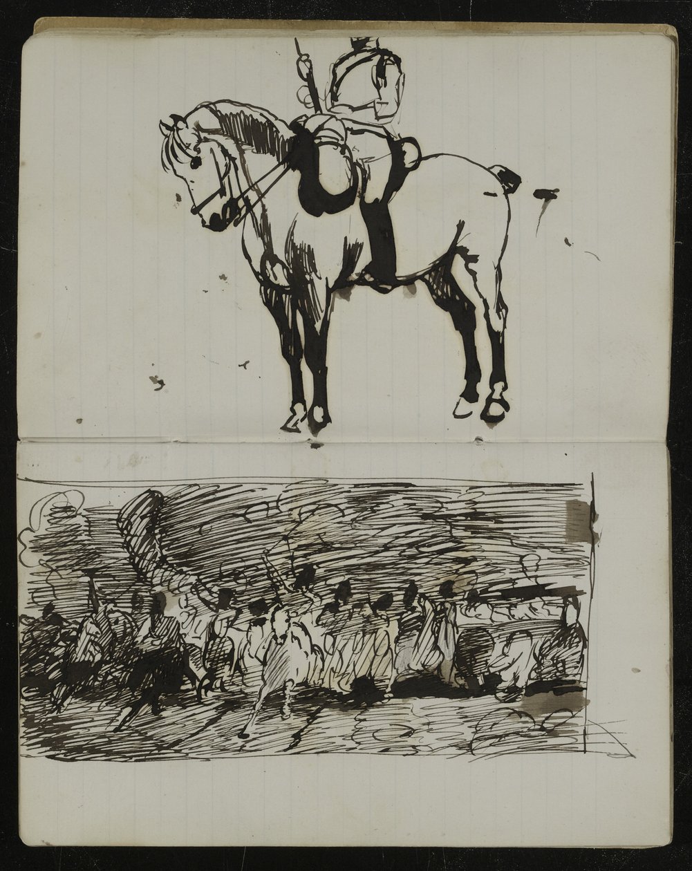 Estudo da Batalha de Waterloo, um esboço preliminar para a pintura a óleo &39;Scotland for Ever!&39;, C.1880 de Lady Butler