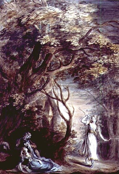 Dois amantes, reclinados em uma clareira na floresta, surpresos com Diana de Lady Diana Beauclerk