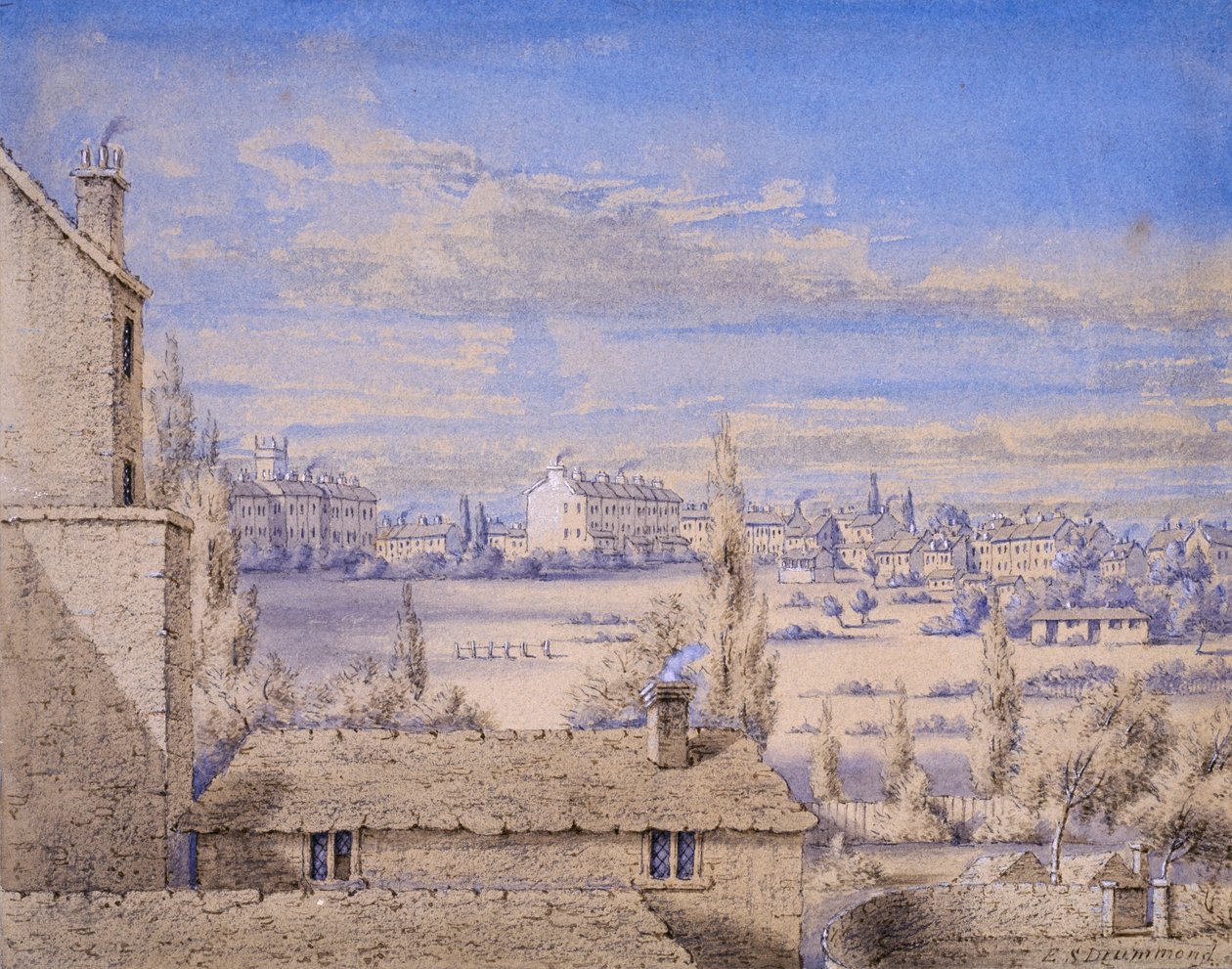 Vista, de, Belgrave, quadrado, visto, de, No.6, Grosvenor, lugar, londres, c.1820, (wc, e, lápis, ligado, paper) de Lady Emily Drummond