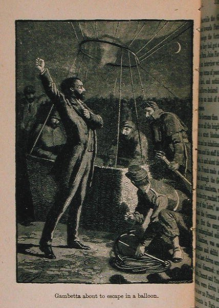 Gambetta prestes a escapar em um balão, ilustração de Little Arthurs História da França: desde os primeiros tempos à queda do 2º Império, publicado em 1899 de Lady M. Chalcott