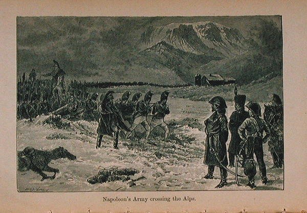 Exército de Napoleão cruzando os Alpes, ilustração de Little Arthurs História da França: From the Earniest of Times à queda do segundo Império publicado em 1899 de Lady M. Chalcott