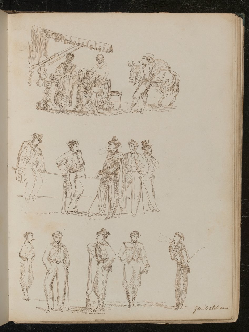 Cadeirinhas de frutas com mulheres e um homem fumante, estudo de cinco cavalheiros, estudo de cinco soldados com o rótulo "Garibaldians" (caneta e tinta) de Lady  Butler