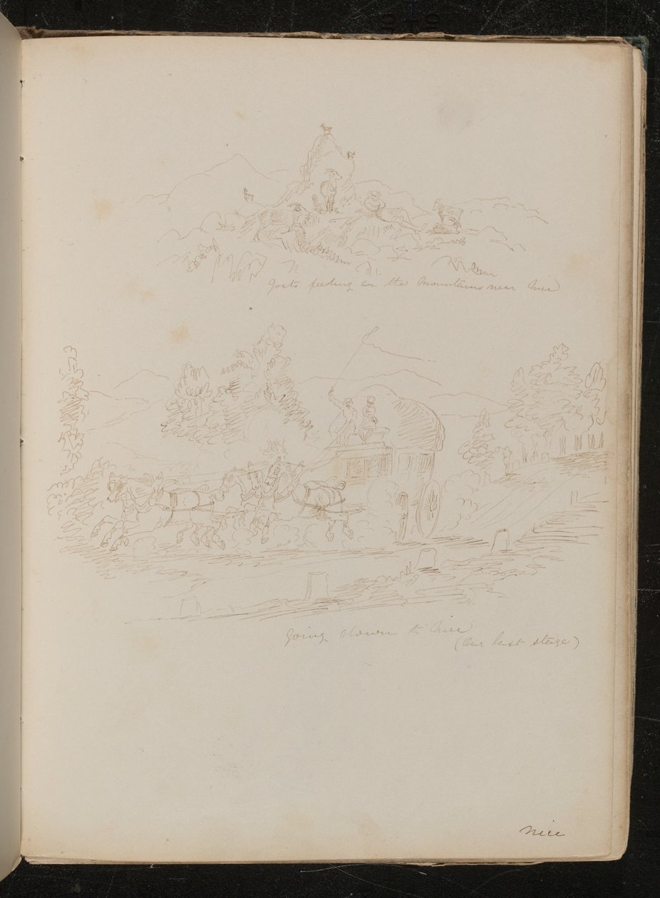 Paisagem com "cabras alimentando-se na montanha perto de Nice" (caneta e tinta) de Lady  Butler