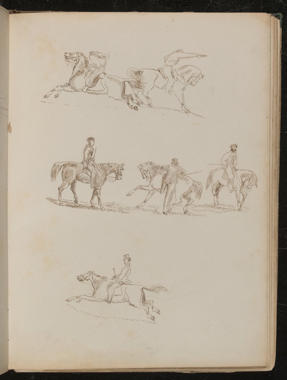 Seis estudos de cavalos com vários cavaleiros machos em várias poses, um com pistola levantada (caneta e tinta) de Lady  Butler