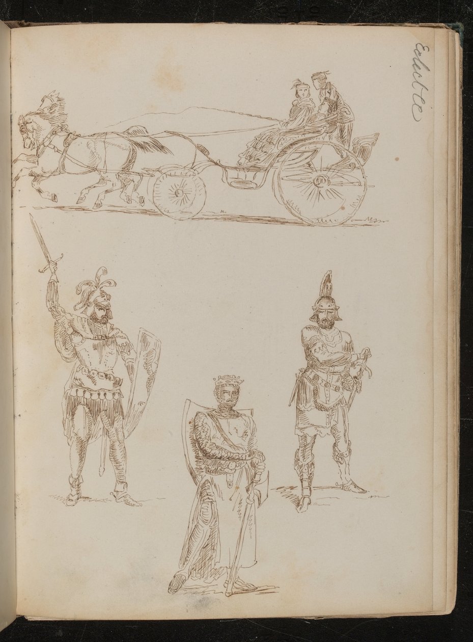 Estudo de uma carruagem desenhada a cavalo com três ocupantes, três estudos de guerreiros greco-romanos com armas e escudos (caneta e tinta) de Lady  Butler
