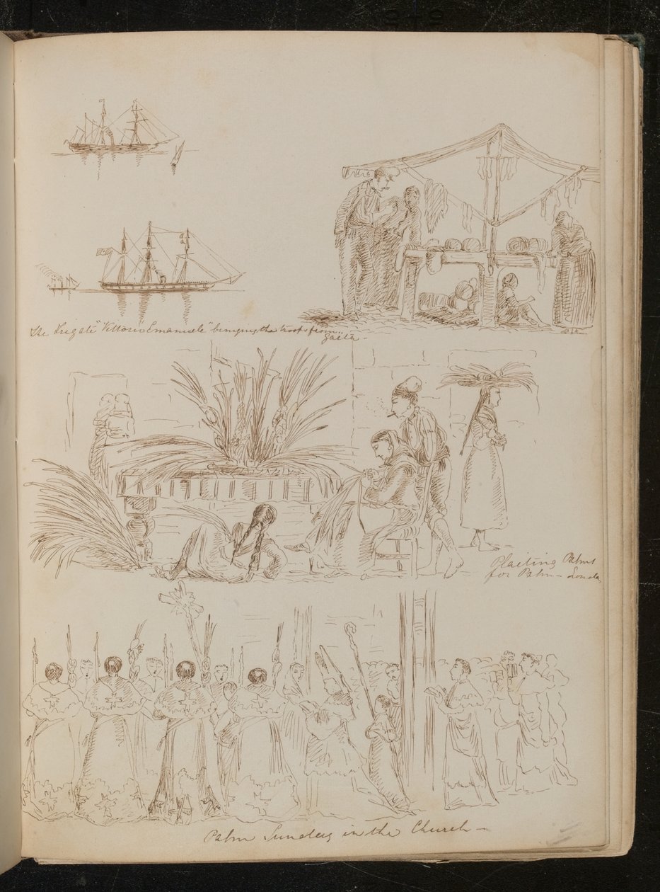 A fragata "Vittorio Emanuele" trazendo as tropas de Gaela, quatro mulheres "Plaiting Palms for Palm-Sunday" (caneta e tinta) de Lady  Butler