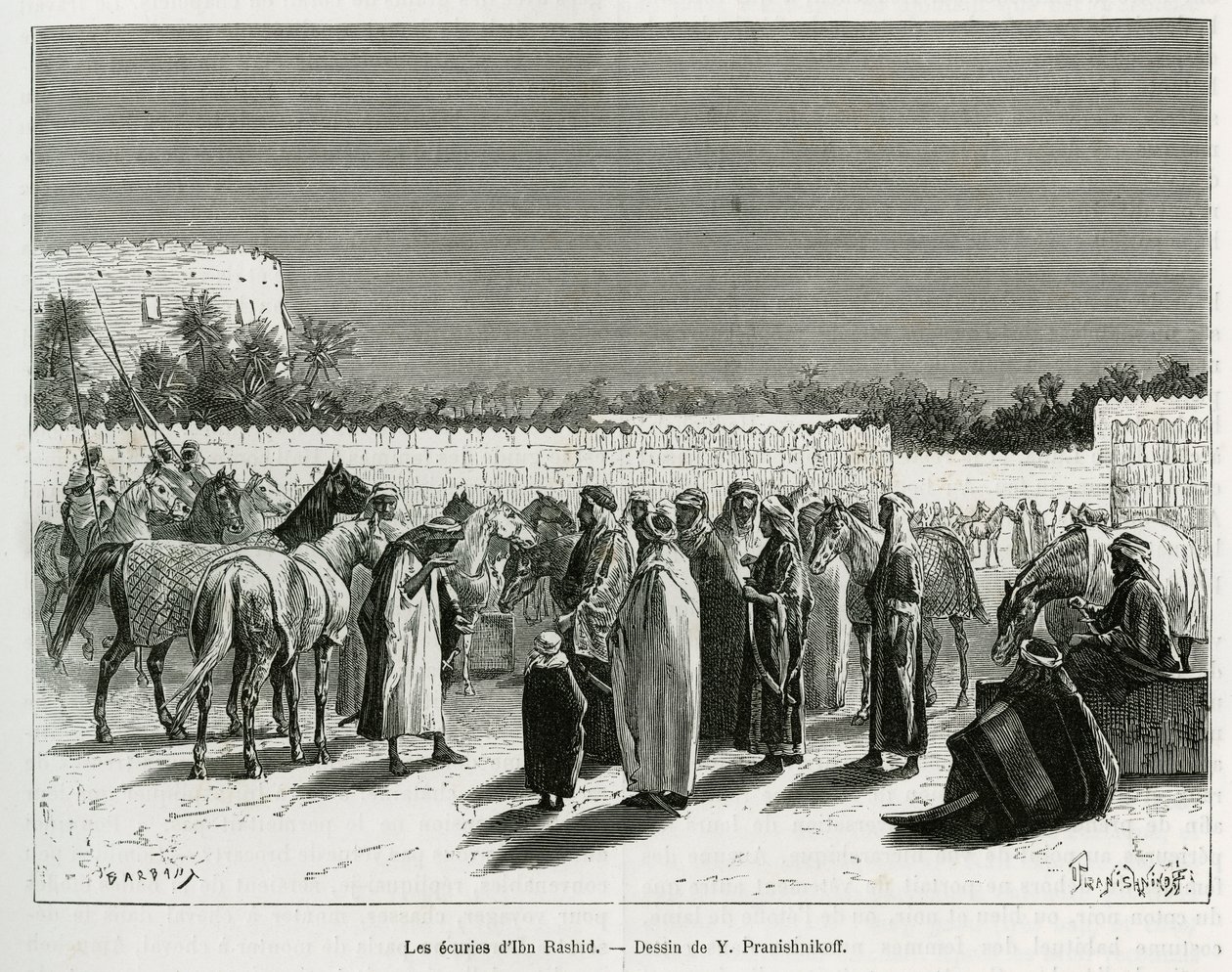 Os estábulos do Emir Muhammad Ibn Abdullah Al Rashid, ilustração de "Peregrinação a Nejd, o berço da raça árabe", publicada na 