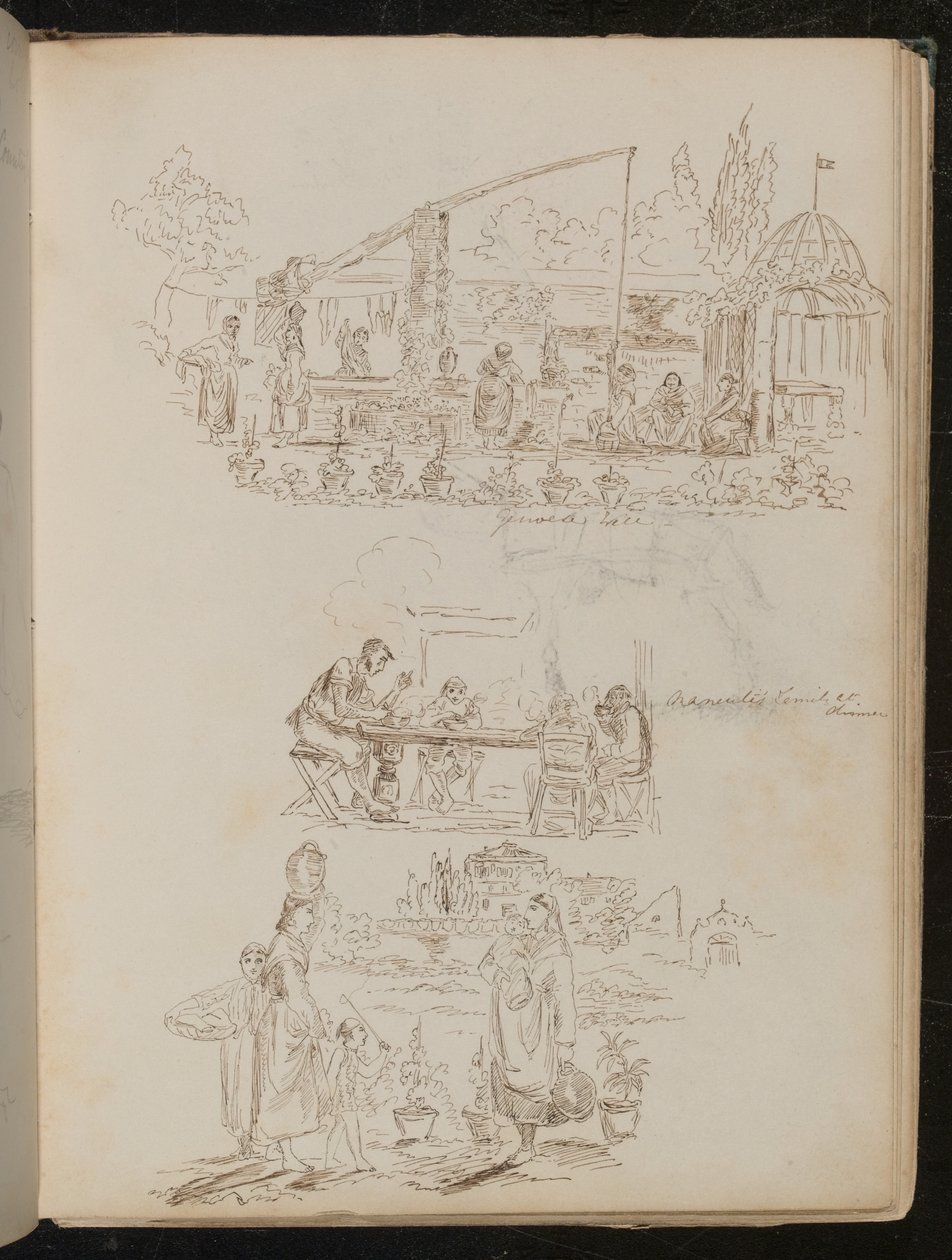 Uma cena de jardim e lavanderia com figuras femininas com a inscrição "Poço Genovês" e um estudo de quatro figuras com a inscrição "Família de Manenti no jantar" de Lady Butler