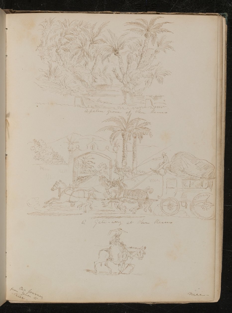 "Um palmeiral em San Remo", uma carruagem puxada por cavalos em frente a "um portal em San Remo", uma figura feminina a cavalo " de Lady Butler