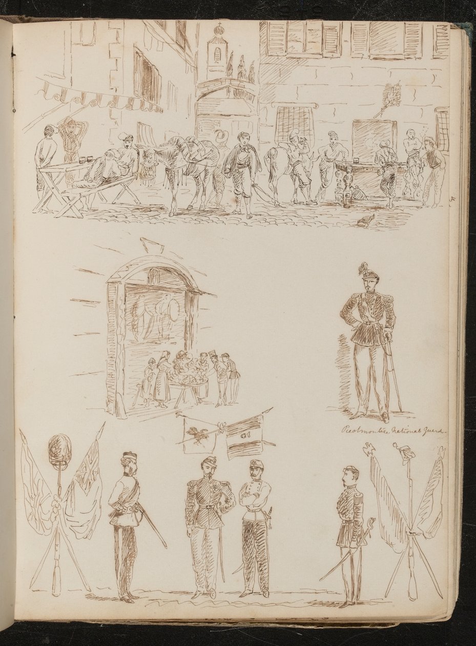 Uma cena de cidade com soldados bebendo, estudo de uma barraca de mercado, estudo de uma guarda nacional piemontesa, estudo de quatro soldados e bandeiras cruzadas de Lady Butler