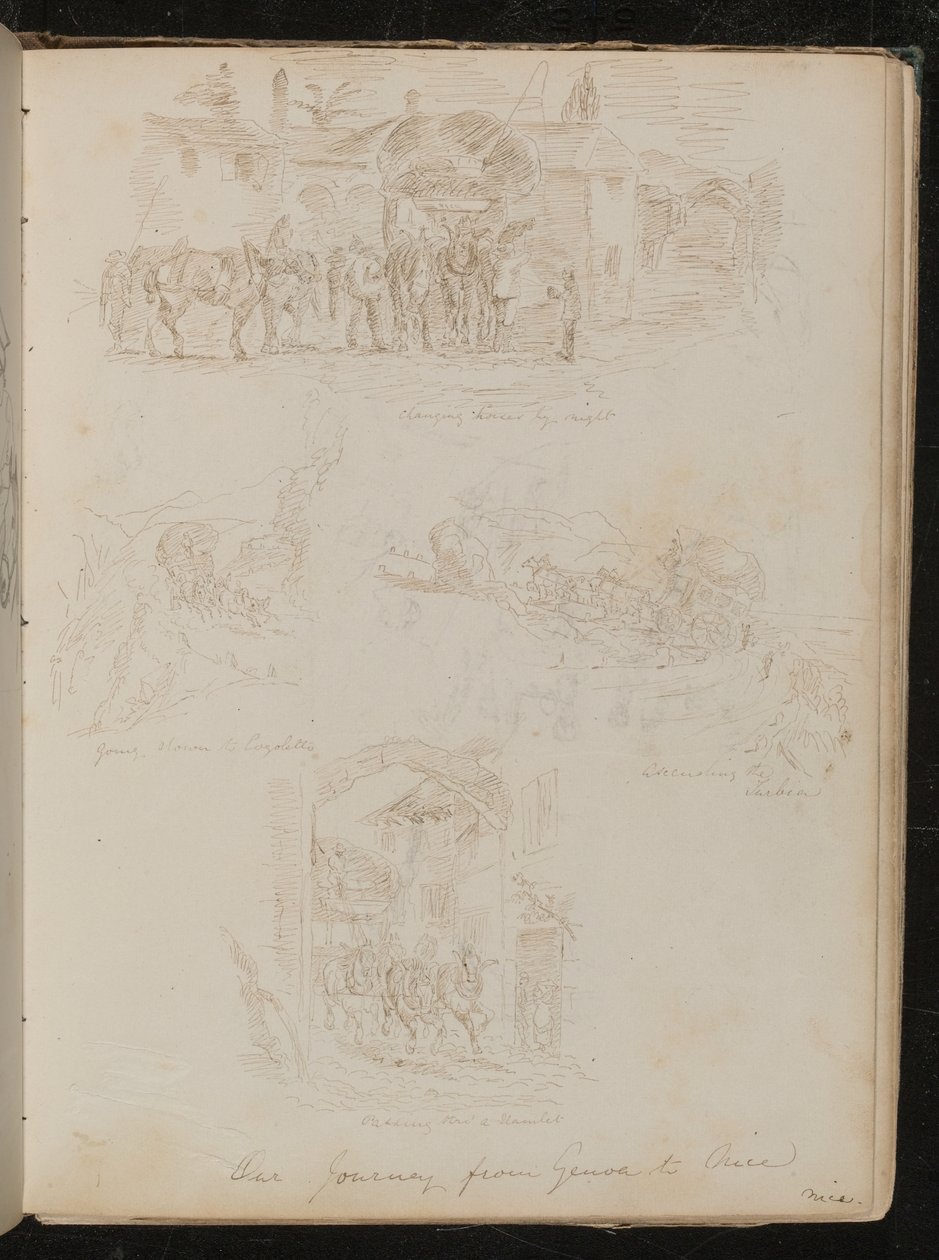 "Troca de cavalos à noite", "descendo a Lagoletto", "subindo a Turbia" e "Passando por" um Hamlet " de Lady Butler