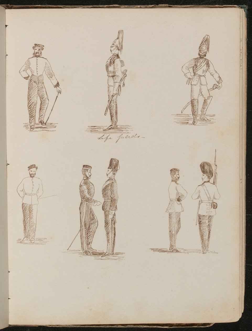 Oito estudos de soldados uniformizados, com a inscrição "Life Guards" de Lady Butler