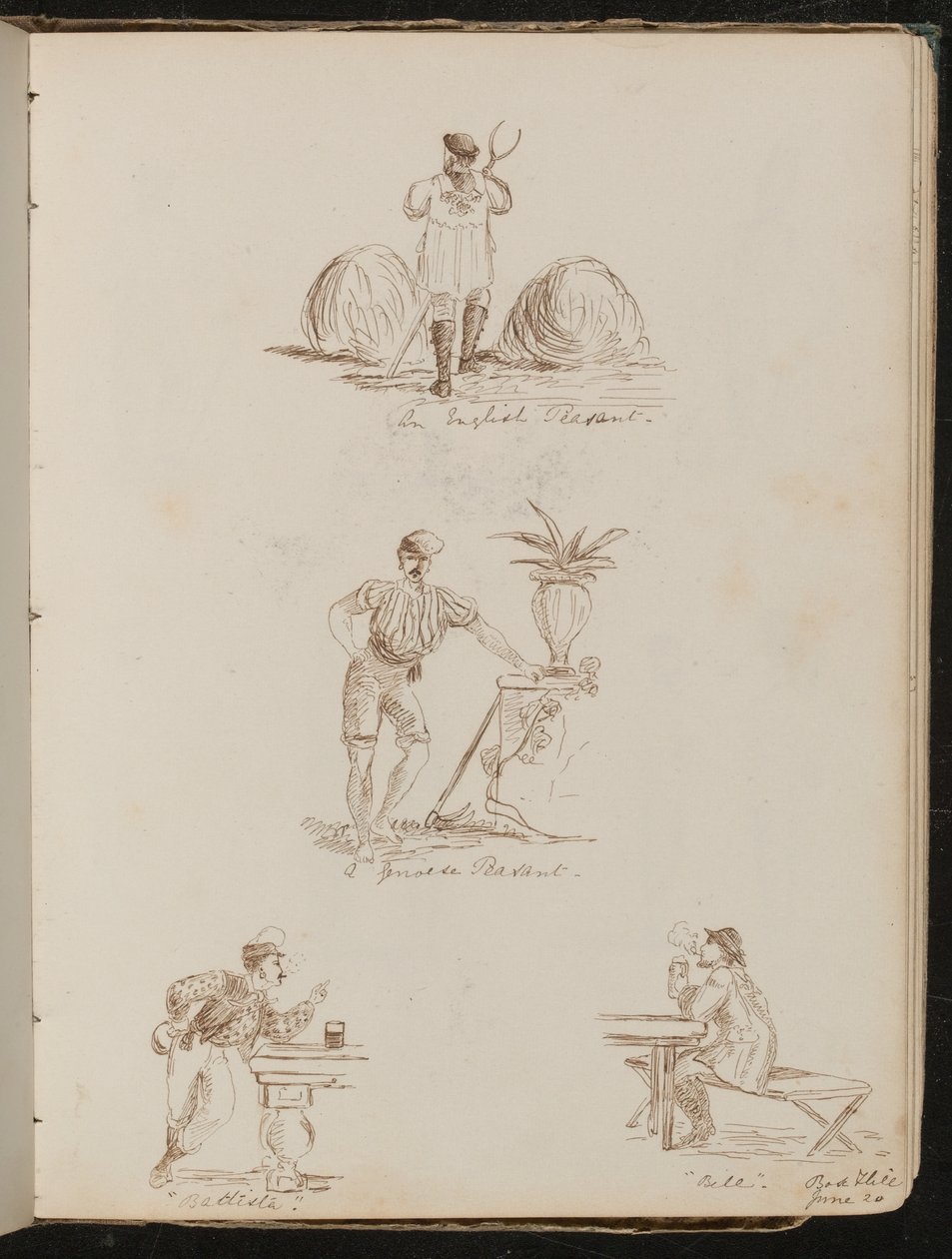 "Camponês inglês", "um camponês genovês", estudo de figuras em tabernas com a inscrição "Battista" e "Bile", local e data "20 de junho" de Lady Butler