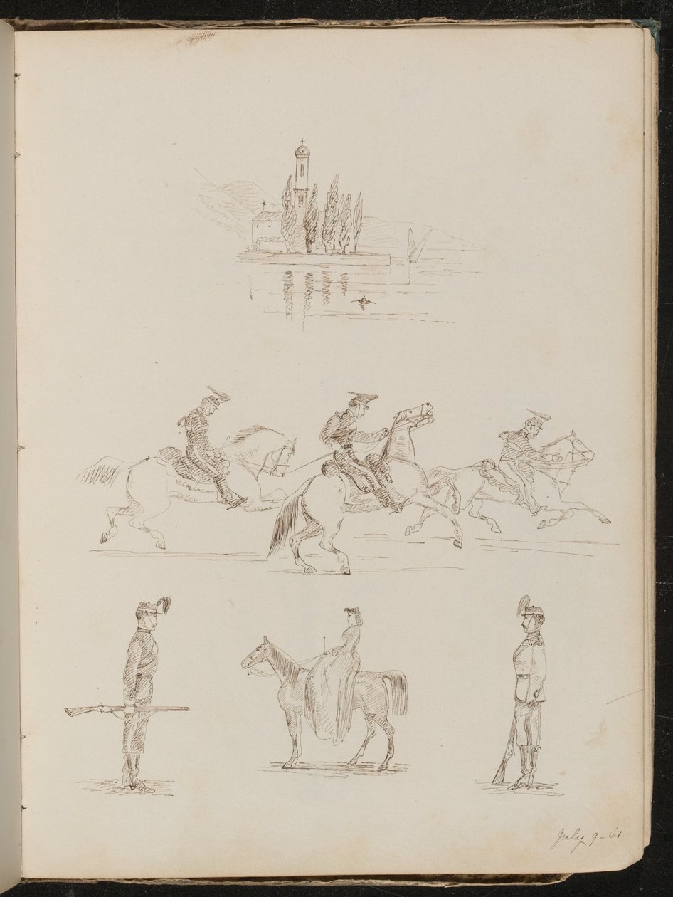 Cinco estudos de uma igreja, soldados de gala a cavalo, um soldado de guarda e um estudo de mulher cavalgando de lado de Lady Butler
