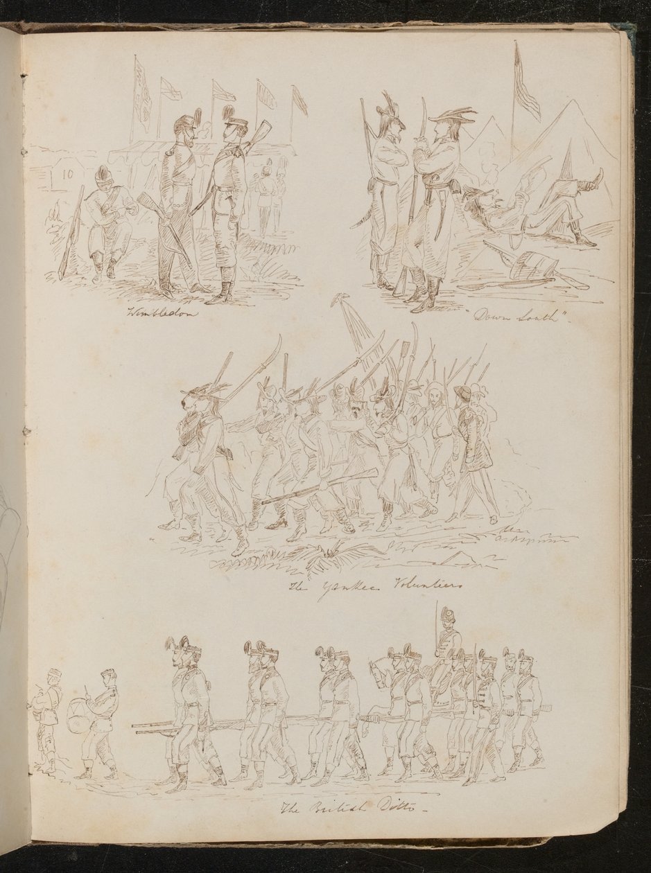Quatro cenas de batalhão com as inscrições "Wimbledon", "Down South", "The Yankee Volunteers", "The British Ditto" com vários tipos de soldados de Lady Butler