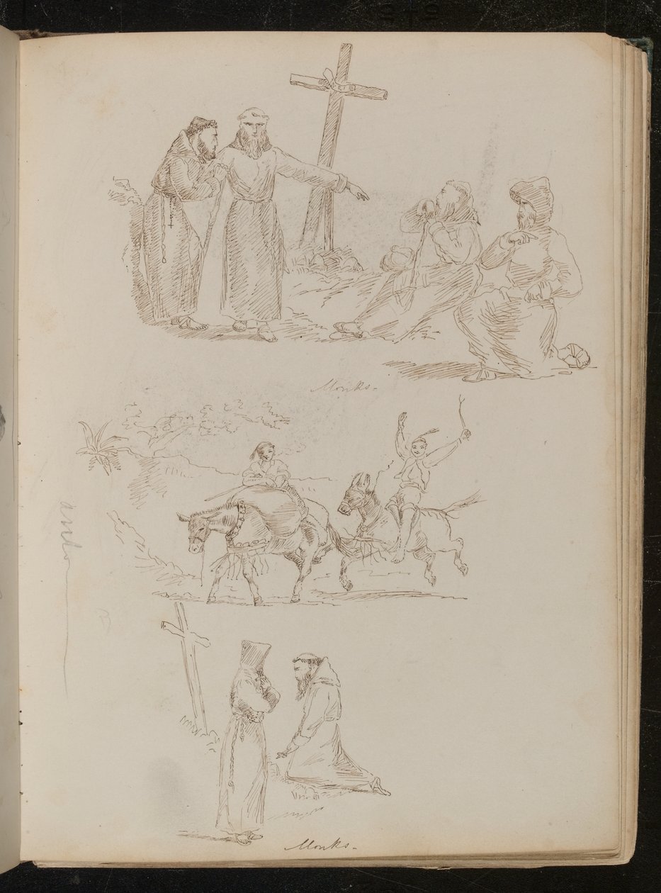 Quatro figuras ao lado da cruz de madeira, estudo de dois jovens com paus nos burros, estudo de dois monges, um ajoelhado diante da cruz de madeira de Lady Butler