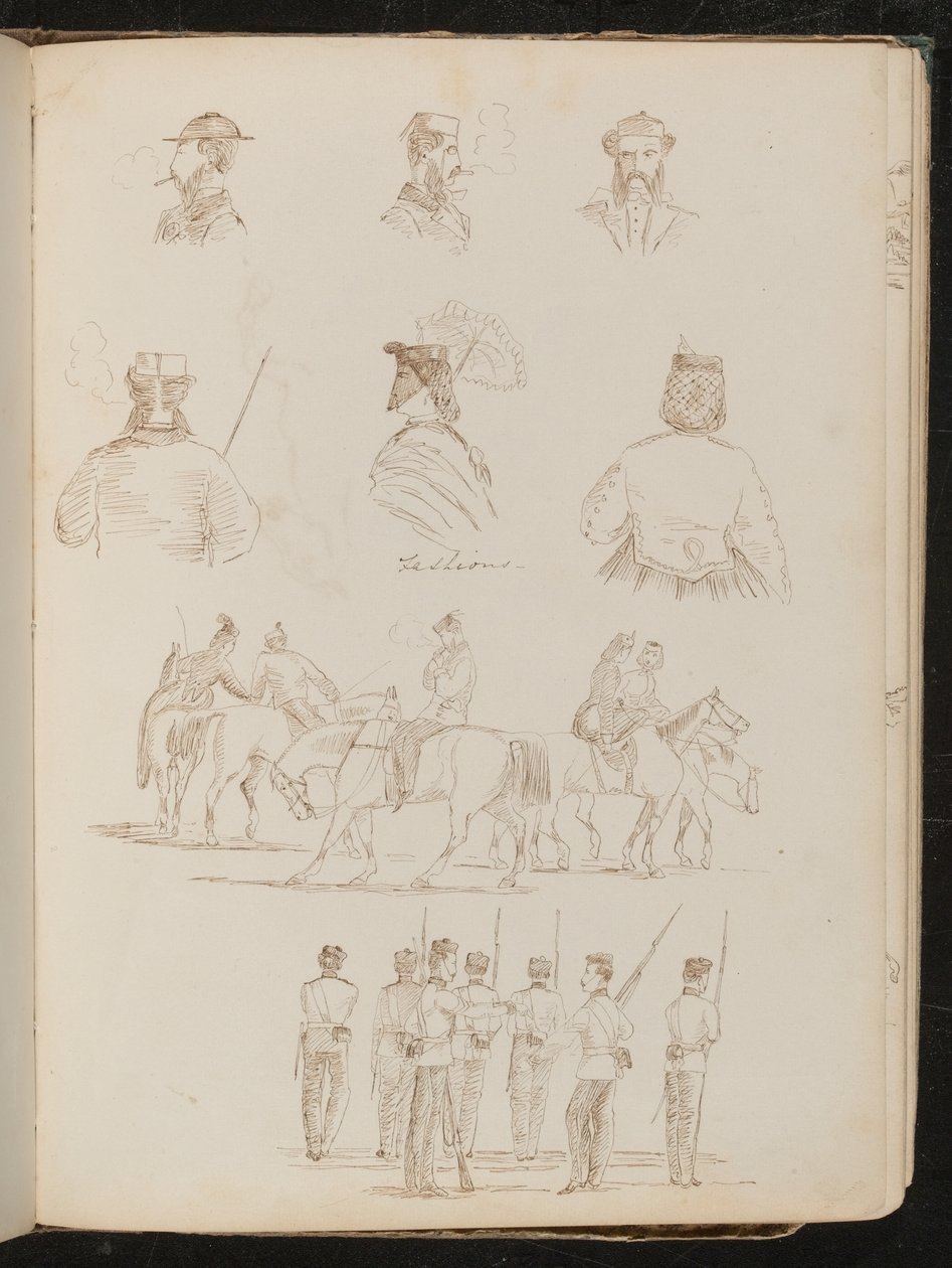 Quatro estudos de bustos masculinos, dois de uma mulher com sombrinha, estudo de grupo de homens e mulher a cavalo, estudo de grupo de soldados de Lady Butler