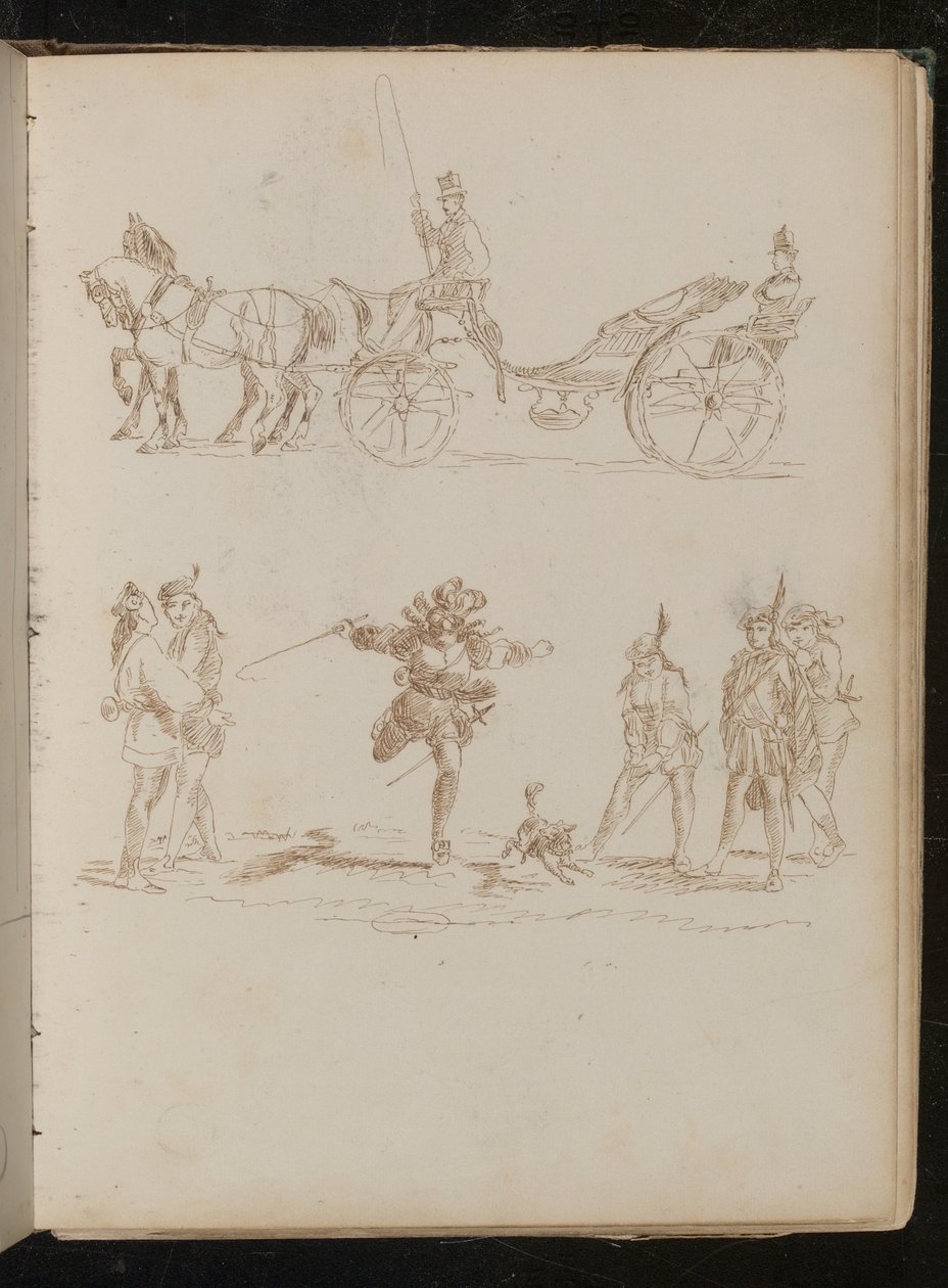 Oficial de gala com cartola e dragonas andando em carruagem puxada por cavalos, estudo de seis soldados mediterrâneos e um cachorro de Lady Butler