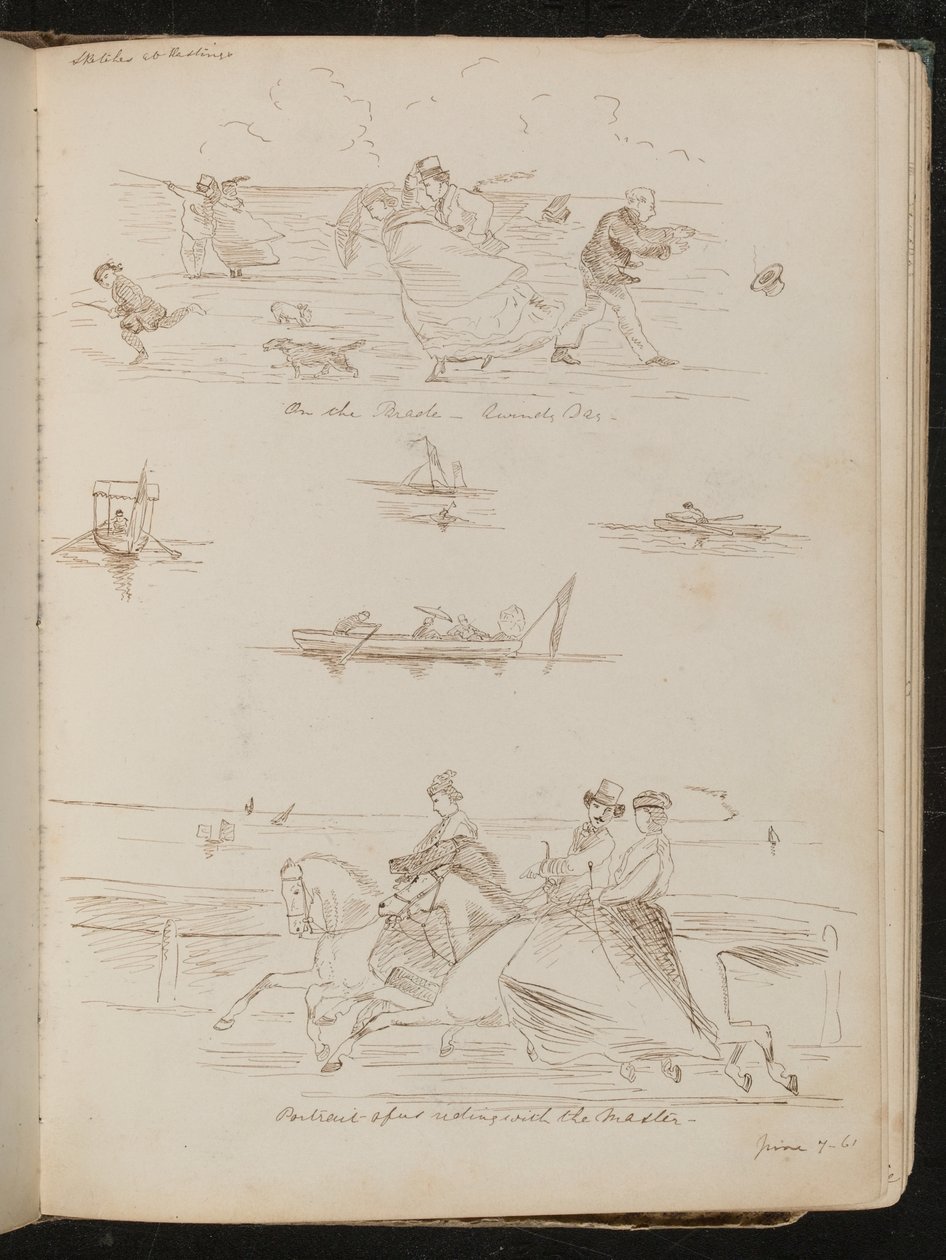 "No desfile, um dia de vento", barcos com excursionistas, cavaleiros a cavalo com a inscrição "cavalgando com o mestre" de Lady Butler