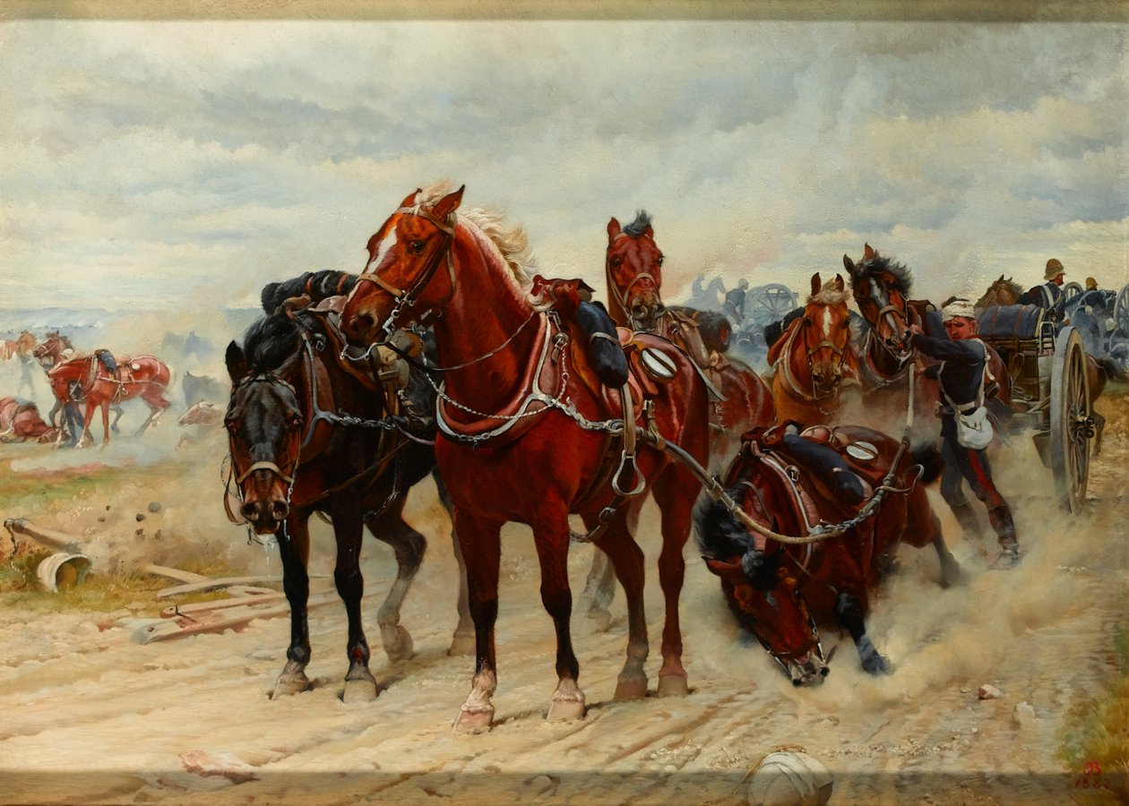 Patient Heroes, uma equipe de armas de artilharia da Royal Horse em ação, por volta de 1882 de Lady Butler