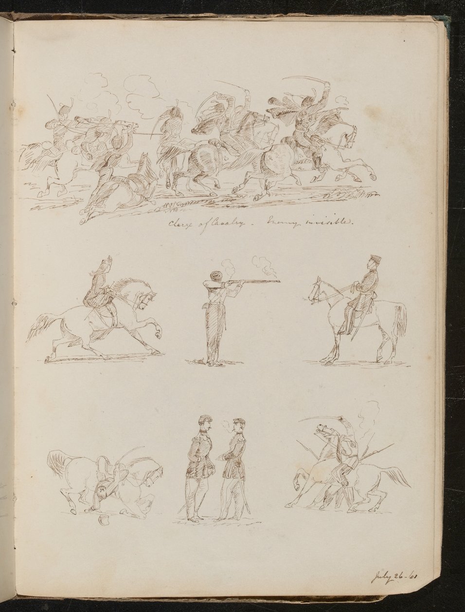 Sete estudos de batalhas de cavalaria, soldados e uma mulher cavalgando de Lady Butler