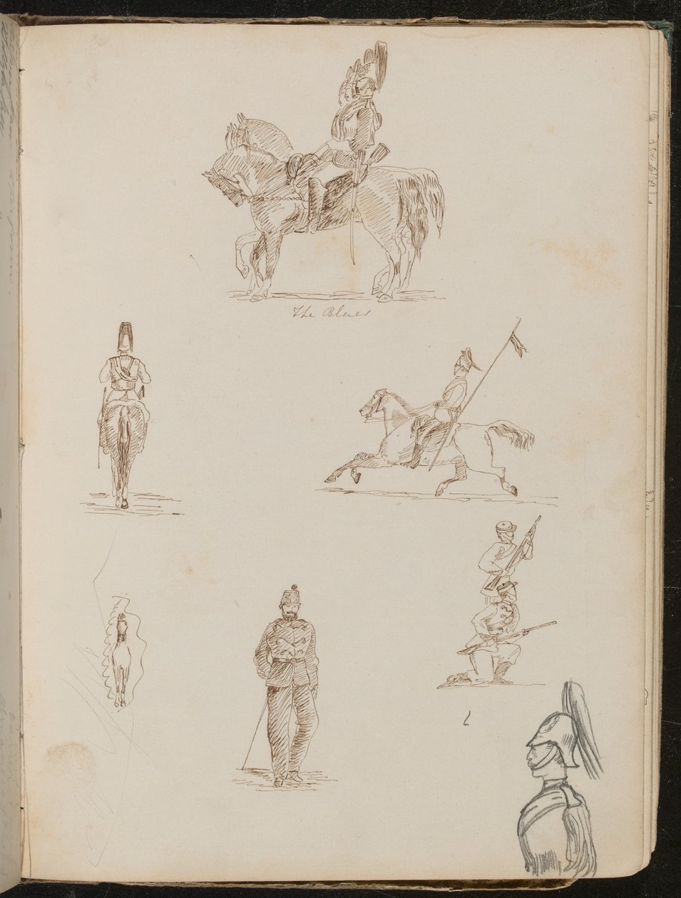 Seis estudos de soldados, um a cavalo inscrito "The Blues", pequeno estudo de cavalo pela frente de Lady Butler