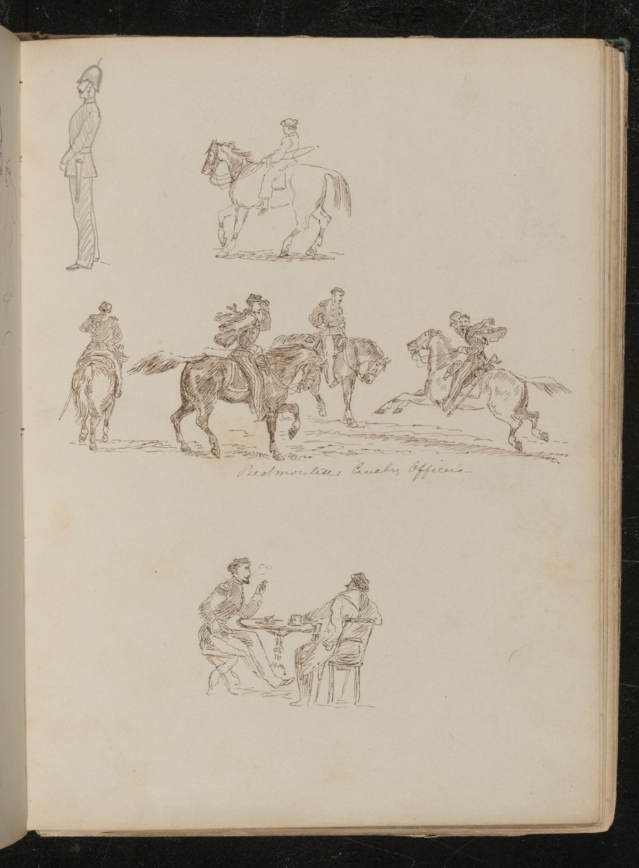 Soldado em uniforme completo, estudos de um jovem com vara de pescar a cavalo, quatro homens a cavalo com a inscrição "Oficiais de Cavalaria Piemonteses" de Lady Butler