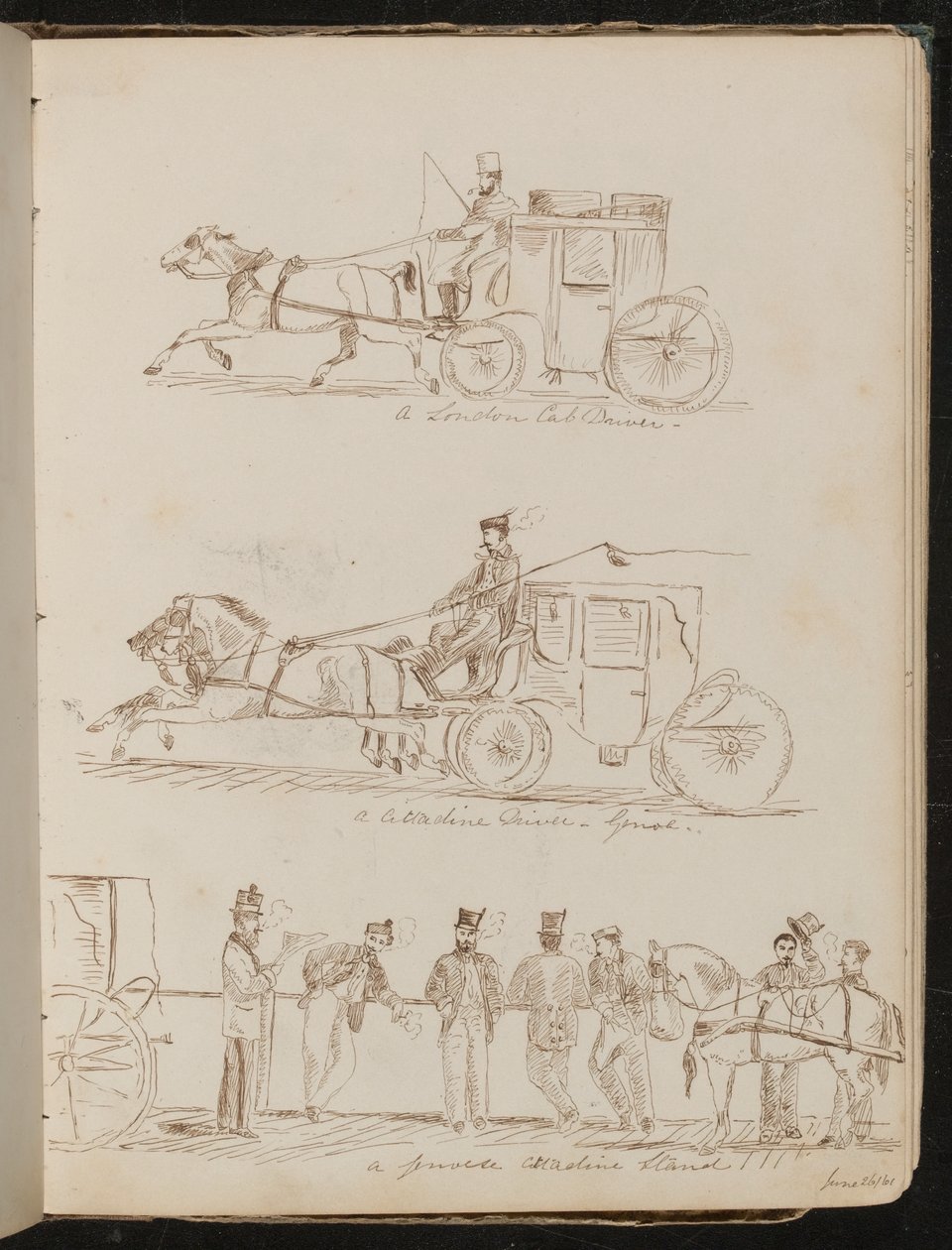 Estudos de "um motorista de táxi de Londres", "um motorista de Cittadine - Gênova" e "um posto de Cittadine de Genoese", datado de "26-61 de junho" de Lady Butler