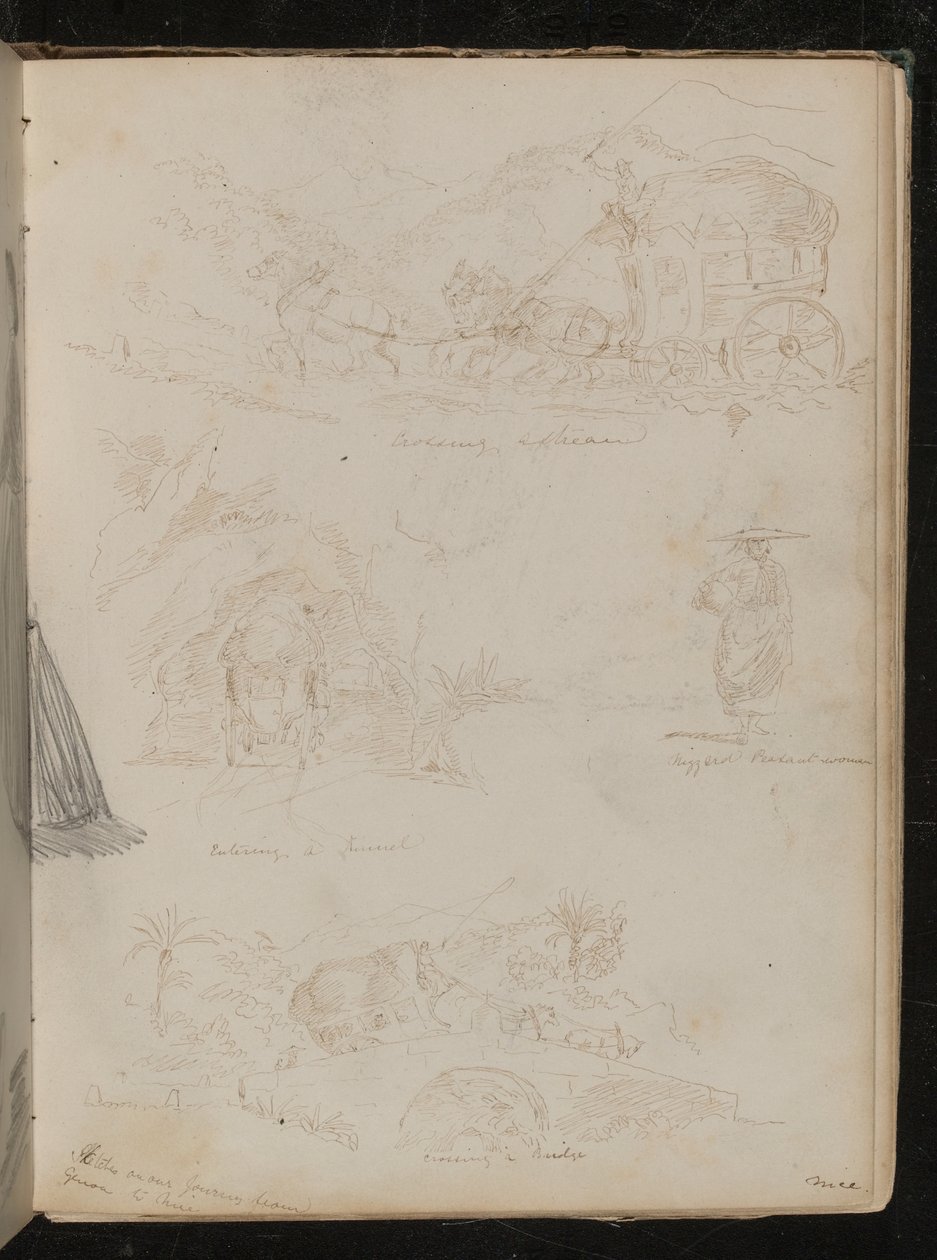 Estudos de uma carruagem puxada por cavalos com um cavaleiro cruzando um riacho, entrando em um túnel, estudo de uma camponesa de Lady Butler