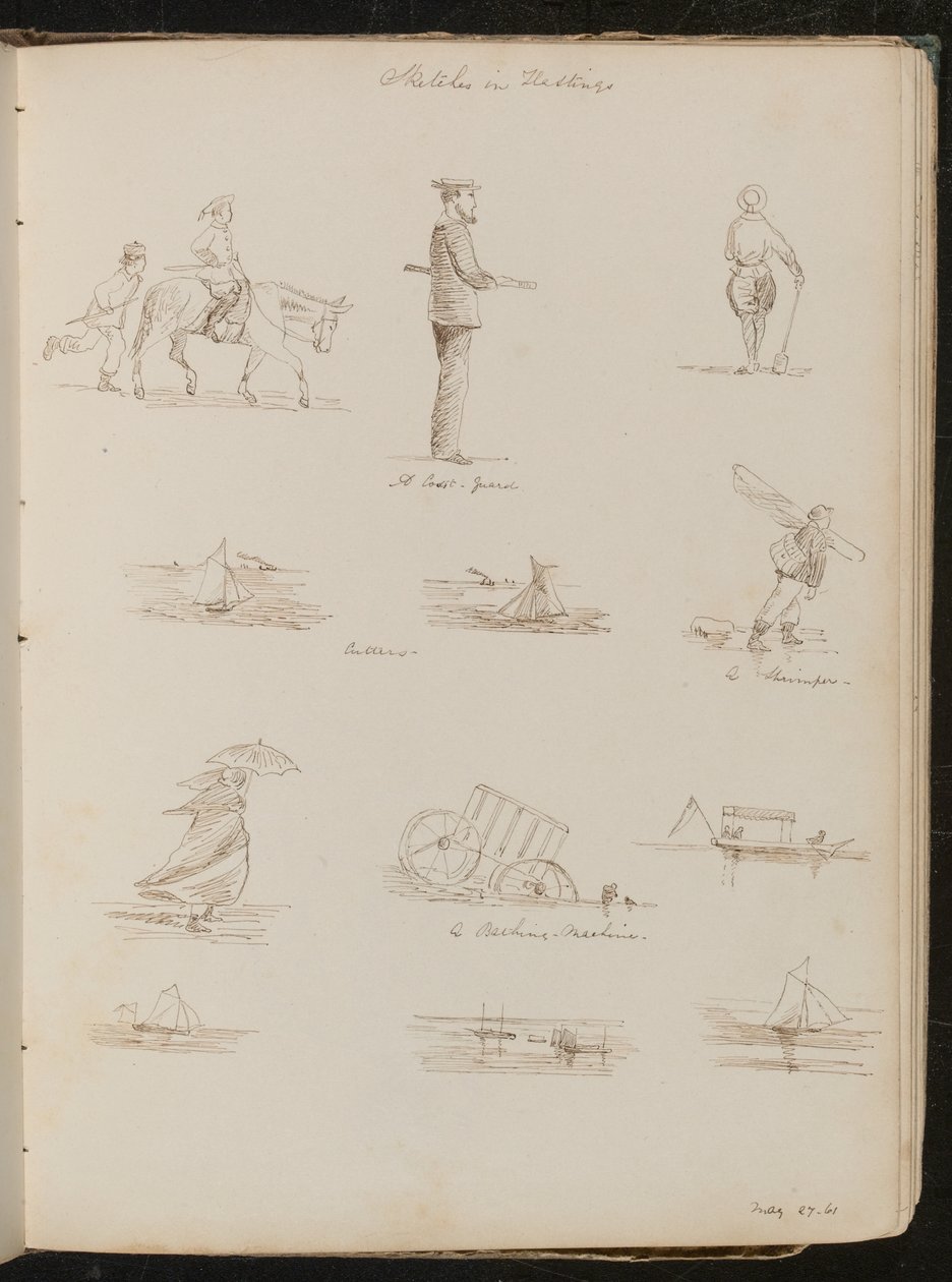 Estudos de crianças, um marinheiro com a inscrição "Uma Guarda Costeira , seis estudos de barcos com a inscrição" Cutters ", um Shrimper, uma mulher com uma sombrinha, datado de" 27-61 de maio " de Lady Butler