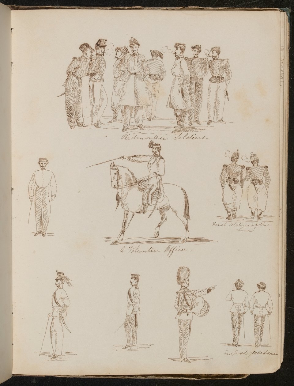 Estudos de oito soldados com as inscrições "soldados piemonteses", "um oficial voluntário", dois "soldados franceses na linha" de Lady Butler