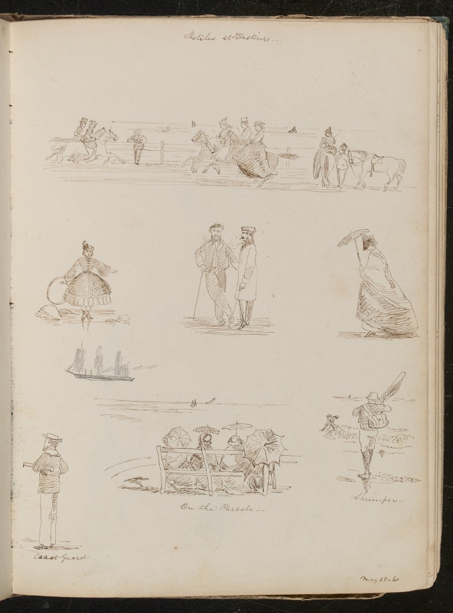 Estudos de homens e mulheres "On the Parade", um homem com uma rede rotulada "Shrimper", um marinheiro rotulado "Guarda costeira", datado de "28-61 de maio de Lady Butler