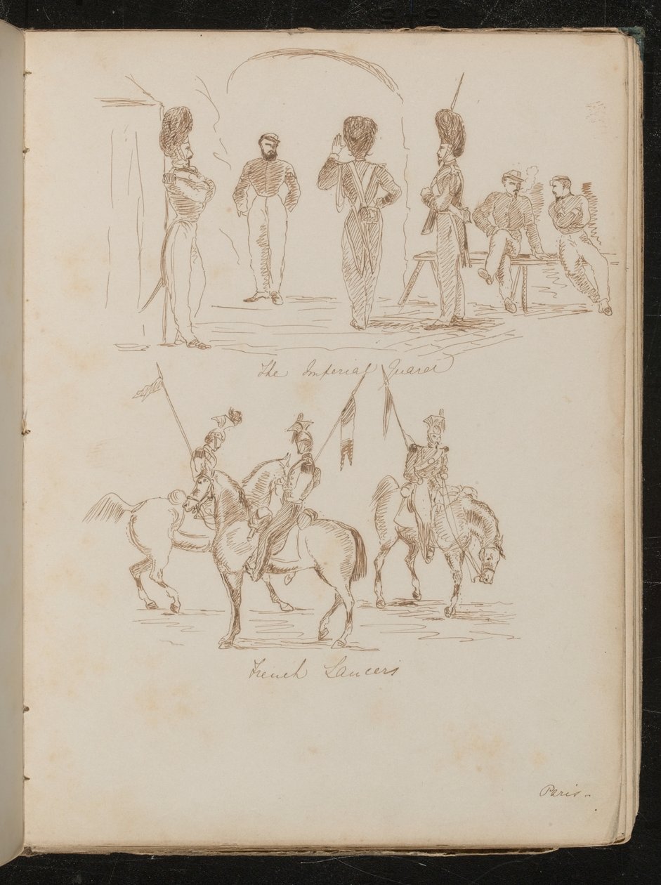 Estudos de soldados com a inscrição "Guardas imperiais", soldados com bandeiras a cavalo com a inscrição "Lanceiros franceses" de Lady Butler