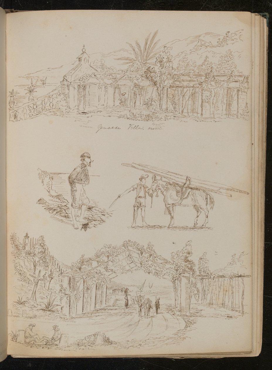 Estudo de uma "villa genovesa", um homem com um cachimbo, um cavalo de carga, um arco paisagístico com figuras de Lady Butler