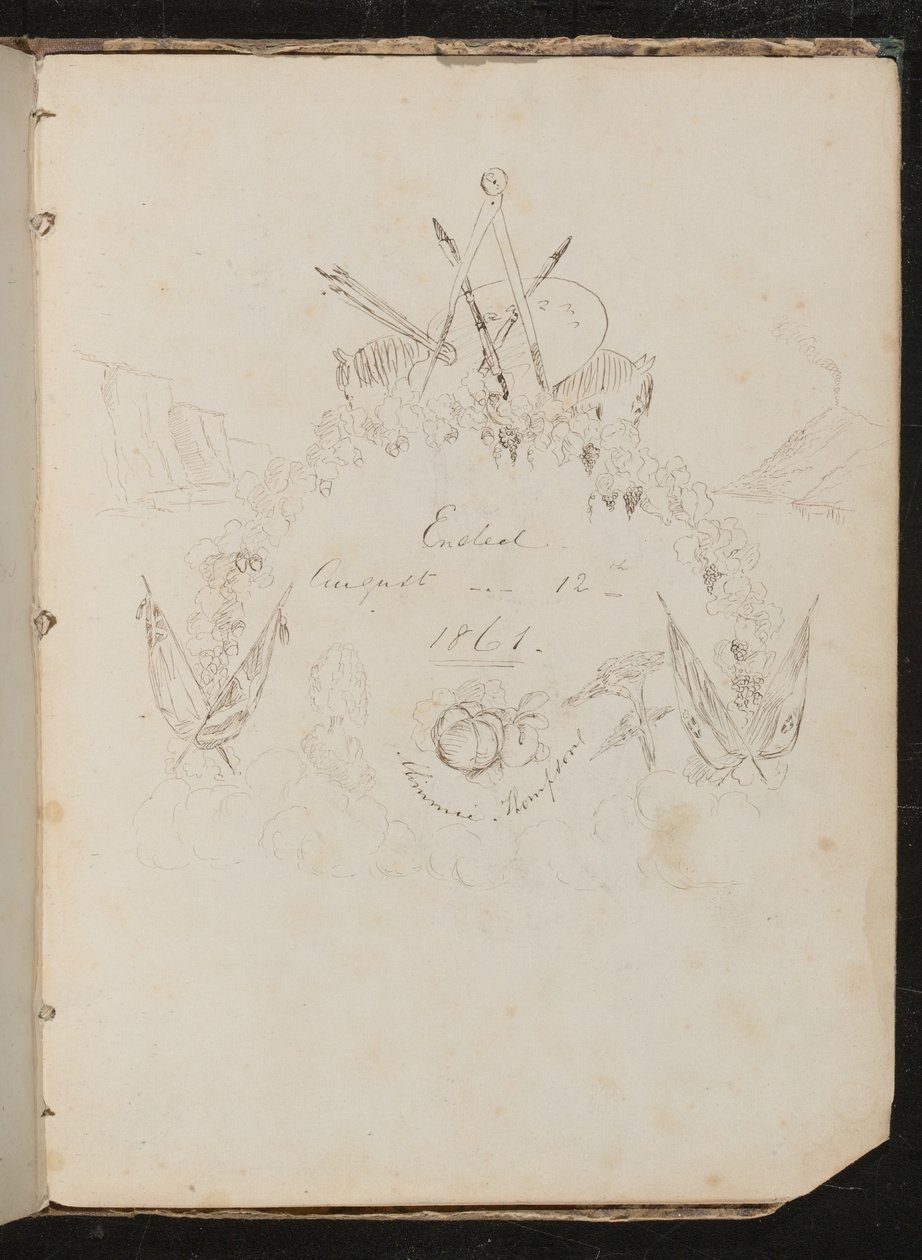 Estudo de materiais de artistas, borboletas, flores, bandeiras, cara de penhasco e guirlanda na formação do brasão de armas em torno da inscrição "Terminado em 12 de agosto de 1861" de Lady Butler