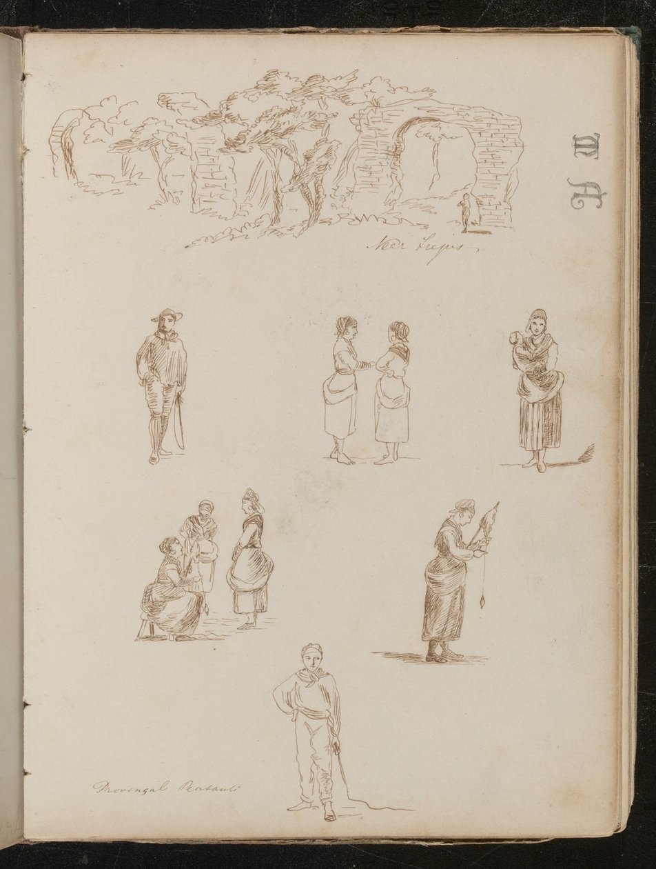 Estudo da paisagem com árvores e arcos em ruínas com a inscrição "Perto de Frejis", seis estudos de figuras com a inscrição "Camponeses provençais de Lady Butler